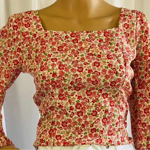 Anthropologie Lush Floral Square Neck Long Sleeve Blouse Cutout Shirred … - Picture 2 of 13